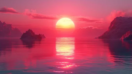 Wall murals Reflection Pink evening with a breathtaking view of the sunset, the illusion of the sun setting into the water, reflected in the ocean, a magnificent sky with clouds.