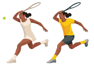 Fototapeta na wymiar Cameroonian women's tennis girl player in yellow and white sports uniform who runs with a racket held high and receives the ball
