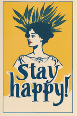 Stay happy, Pinterest post, lady illustration, simple, Art Deco, minimalism, vertical design