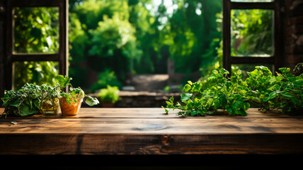 Wooden Table Rustic Charm on a Lush Green Garden Background, Generative Ai