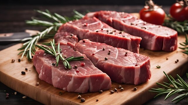 image of a meat steak sprinkled with herbs on a wooden board. Cooking and food