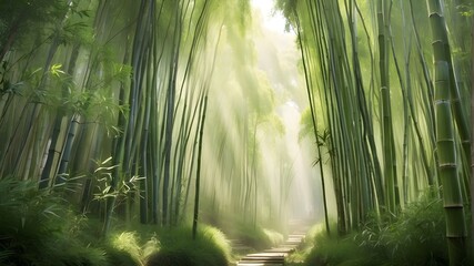 A serene bamboo forest with ethereal light