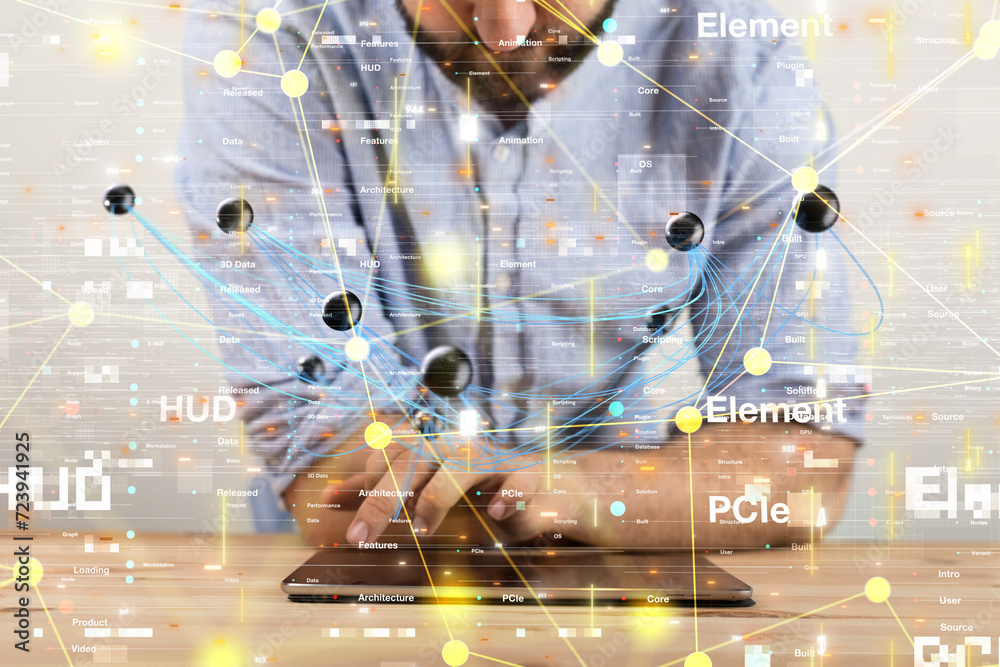 Poster Global network. Blockchain. 3D illustration. Neural networks and artificial intelligence. Abstract