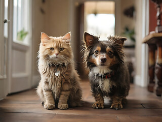 cat and dog walking in a home ,cat and dog standing together in house