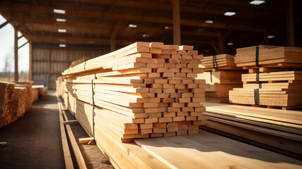 stack of constuction wood / lumber in a storage or sawmill. DIY. building - obrazy, fototapety, plakaty
