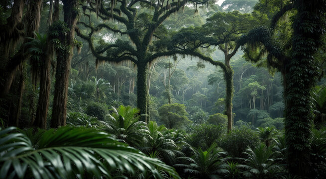 Amazon rainforest landscape. Tropical jungle nature wallpaper design. Generative ai