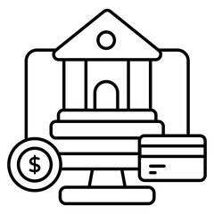 Bank building inside monitor, concept of online banking icon