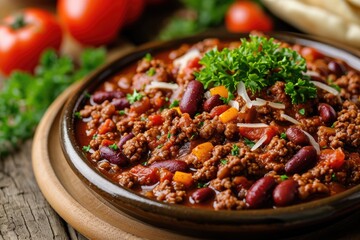 plate of Beef chili con carne made of ground beef, chopped onion, minced garlic, tomato paste, kidney beans, cumin, oregano, cayenne pepper, paprika powder