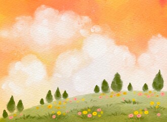 Green natural pine tree with clouds on orange sky watercolor. Spring flowering meadow.