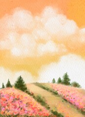 Green natural pine tree with clouds on orange sky watercolor. Spring flowering meadow.