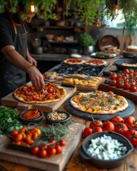 Obraz premium Préparation artisanale de pizzas dans une cuisine chaleureuse