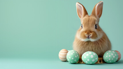 Fototapeta na wymiar Fluffy bunny with festive easter eggs on a green background