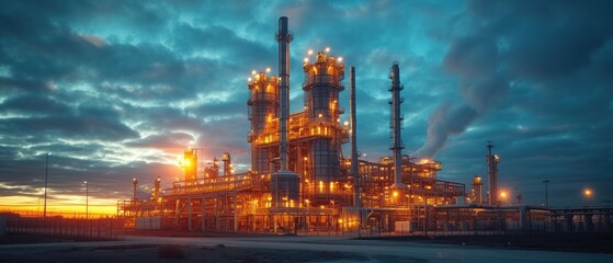 Colossal plant, factory, facility, or logistics center during dusk or twilight, with the evening sky providing a backdrop to the industrial setting