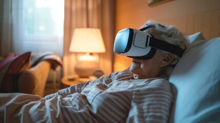 In the comfort of his bed, an elderly gentleman explores a new world through virtual reality, highlighting the impact of technology in our aging society
