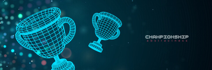 Champion cup vector banner. Meshgrid winner goblet on blur dark background. Three-dimensional bowles. Futuristic HUD cyber championship reward