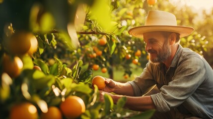 Positive man, farmer working on orange plantation, picking orange on sunny day. Gathering harvest for further transportation - obrazy, fototapety, plakaty