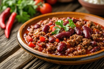 plate of Beef chili con carne made of ground beef, chopped onion, minced garlic, tomato paste, kidney beans, cumin, oregano, cayenne pepper, paprika powder