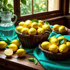 Kitchen in rustic style with basket of lemons, pitchers of lemonade on wooden table. Countryside gardening.