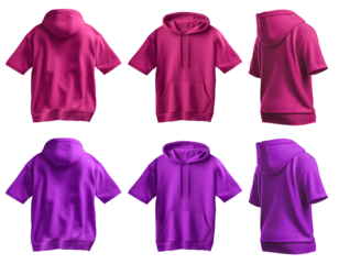 2 Set of magenta purple pink, front back side view tee short sleeve hoodie hoody sweatshirt on transparent background cutout, PNG file. Mockup template for artwork graphic design