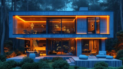 Maison connectée moderne éclairée la nuit avec espace extérieur élégant et ambiance paisible