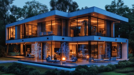 Maison connectée moderne éclairée la nuit avec espace extérieur élégant et ambiance paisible