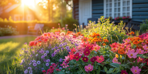 Assortment of colorful flowers blossoming in front of a big house.