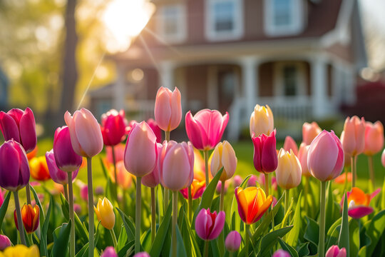Beautiful colorful tulips blossoming in front of a big house.