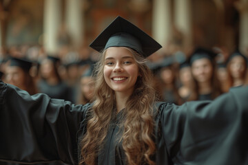 Happy female student with outstretched arms on graduation day. Portrait of a young woman in a black square cap and gown standing outside his school, college or university, looking to camera