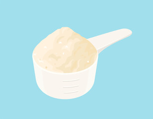 Spoon with whey protein powder isolated on blue background. Vector cartoon flat illustration.