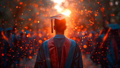 Rear view of male student on graduation day. Young man in a black square cap and gown standing outside his school, college or university looking to bright future.  - obrazy, fototapety, plakaty