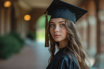 Happy female student on graduation day. Portrait of a young woman in a black square cap and gown standing outside his school, college or university, looking to camera