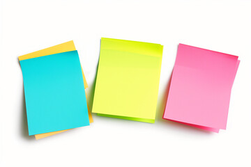 Fototapeta premium Colorful Set of sticky notes isolated on copy space white background, Empty blank note papers stick on white notice board, collection of abstract sticky paper sheets, colorful paper wallpaper concept