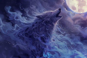 Portrait of a powerful wolf howling under a full moon