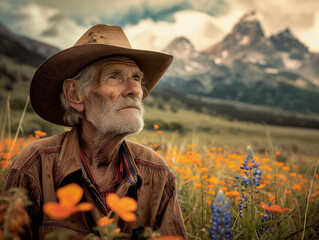 Fototapeta premium aged prospector, face marked by time, gazing towards a distant mountain range, standing in a field of wildflowers, with a striking contrast between the rugged individual and the serene, vividly colore
