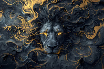 Portrait of a lion in the middle of golden waves