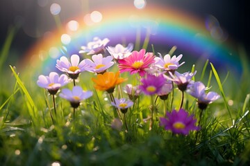 A vibrant rainbow stretching over a green field with spring flowers