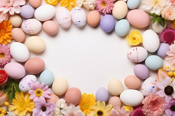 Pastel easter eggs on soft pink background with flowers, top view, empty space for text
