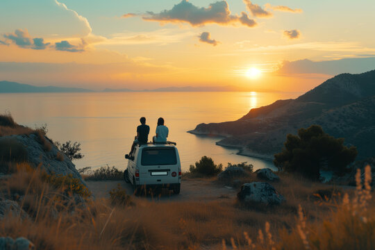 Couple of friends enjoying scenic Mediterranean view from a road side parked minivan. Travelling in camper van. Planning a road trip adventure.