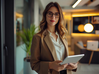 personal assistant wearing smart casual attire, holding a digital tablet, standing against the backdrop of a stylish, minimalist office interior, soft, ambient lighting enhancing the mood