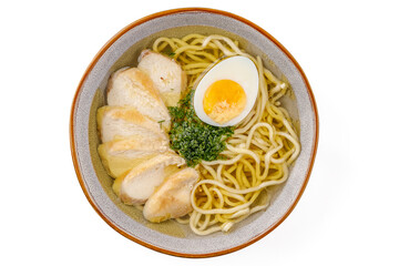 Chicken soup with homemade noodles on a white background studio shot 3