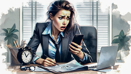 Late Alert: The Businesswoman's Deadline Despair and Stress at the Office in Racing Against the Clock with Missed Appointment Meeting.