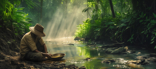 weary prospector sitting beside a stream with a gold pan, reflecting on his day, surrounded by lush greenery and the gentle flow of water, with soft - obrazy, fototapety, plakaty
