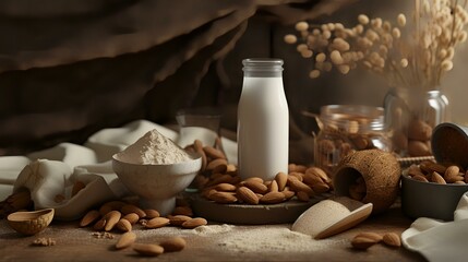Almond milk, almond flour, and milk in a glass bottle on a wooden background - obrazy, fototapety, plakaty