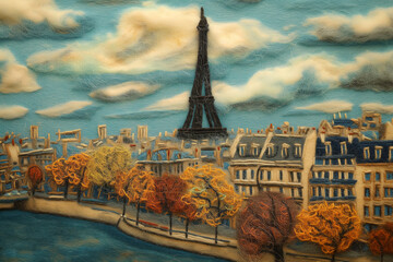 Parisian landscape made of felt wool. Flat lay postcard with beautiful felt embroidery depicting a view of Paris. Needlework and crafts.