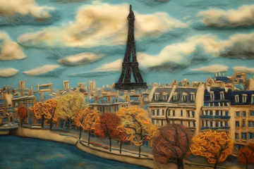 Store enrouleur Paris Parisian landscape made of felt wool. Flat lay postcard with beautiful felt embroidery depicting a view of Paris. Needlework and crafts.
