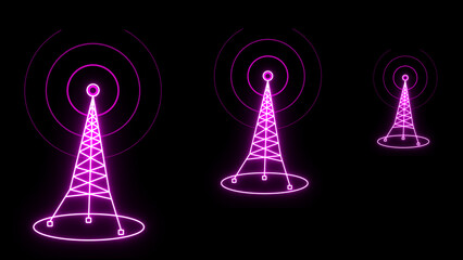 Purple neon three wireless towers with radio waves on a black background. A neon-glow symbol of a three-broadcast tower on a black background. Three cell signal or radio network antenna line icon