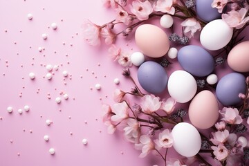 Naklejka na ściany i meble Pastel easter eggs in soft pink background surrounded by flowers, top view with empty space for text