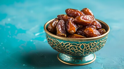 Dates in bowl on turquoise background. Selective focus.