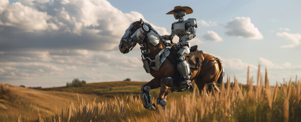 Une illustration futuriste d'un robot assis sur un cheval robotisé, dans la nature, image avec espace pour texte. - obrazy, fototapety, plakaty