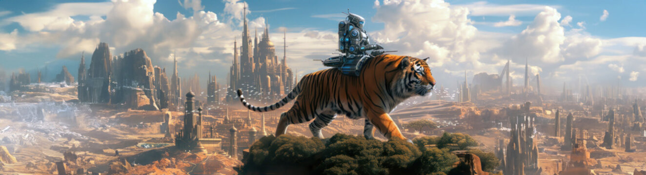 Une illustration futuriste d'un robot assis sur un tigre, ville en arri&egrave;re-plan, image avec espace pour texte.